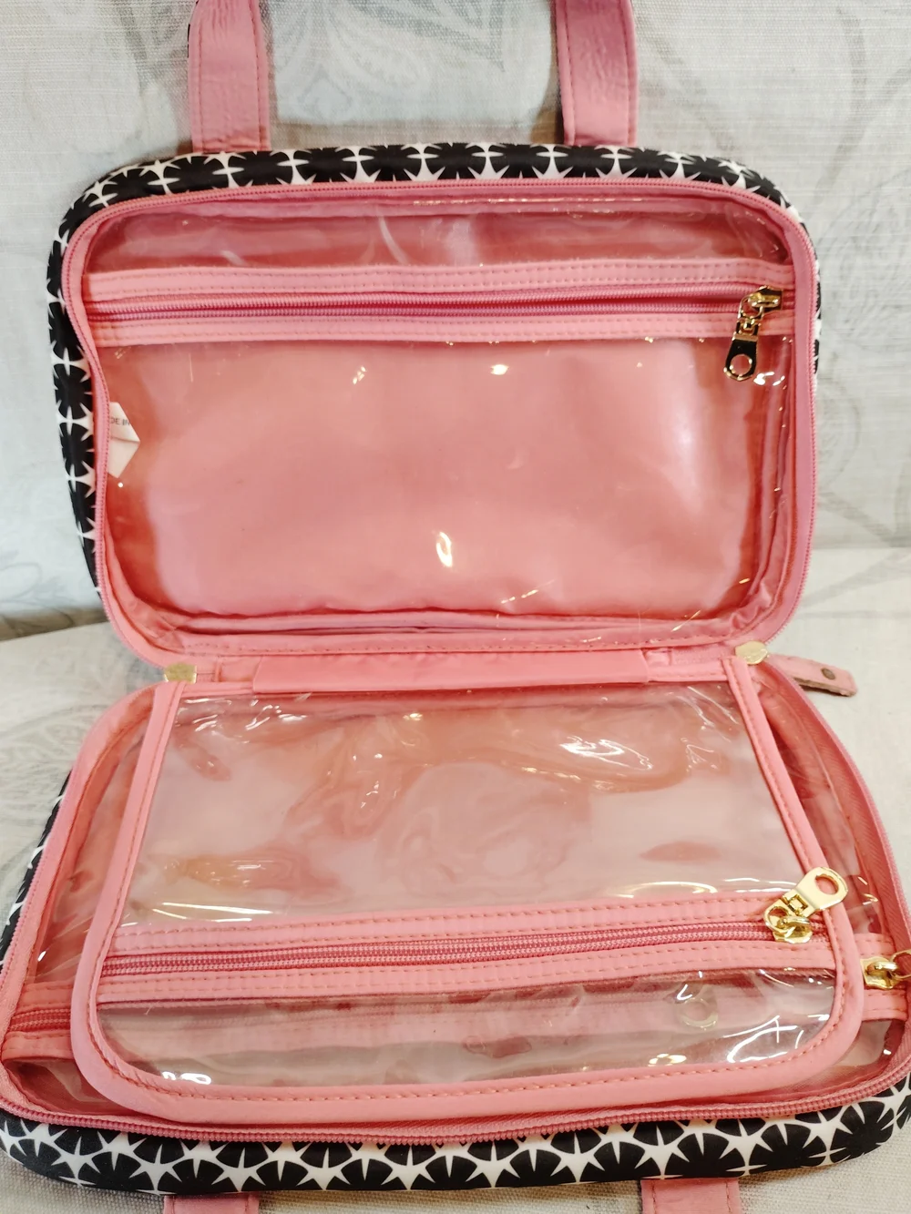 Elle Black and White Floral Cosmetic Case with Pink Trim